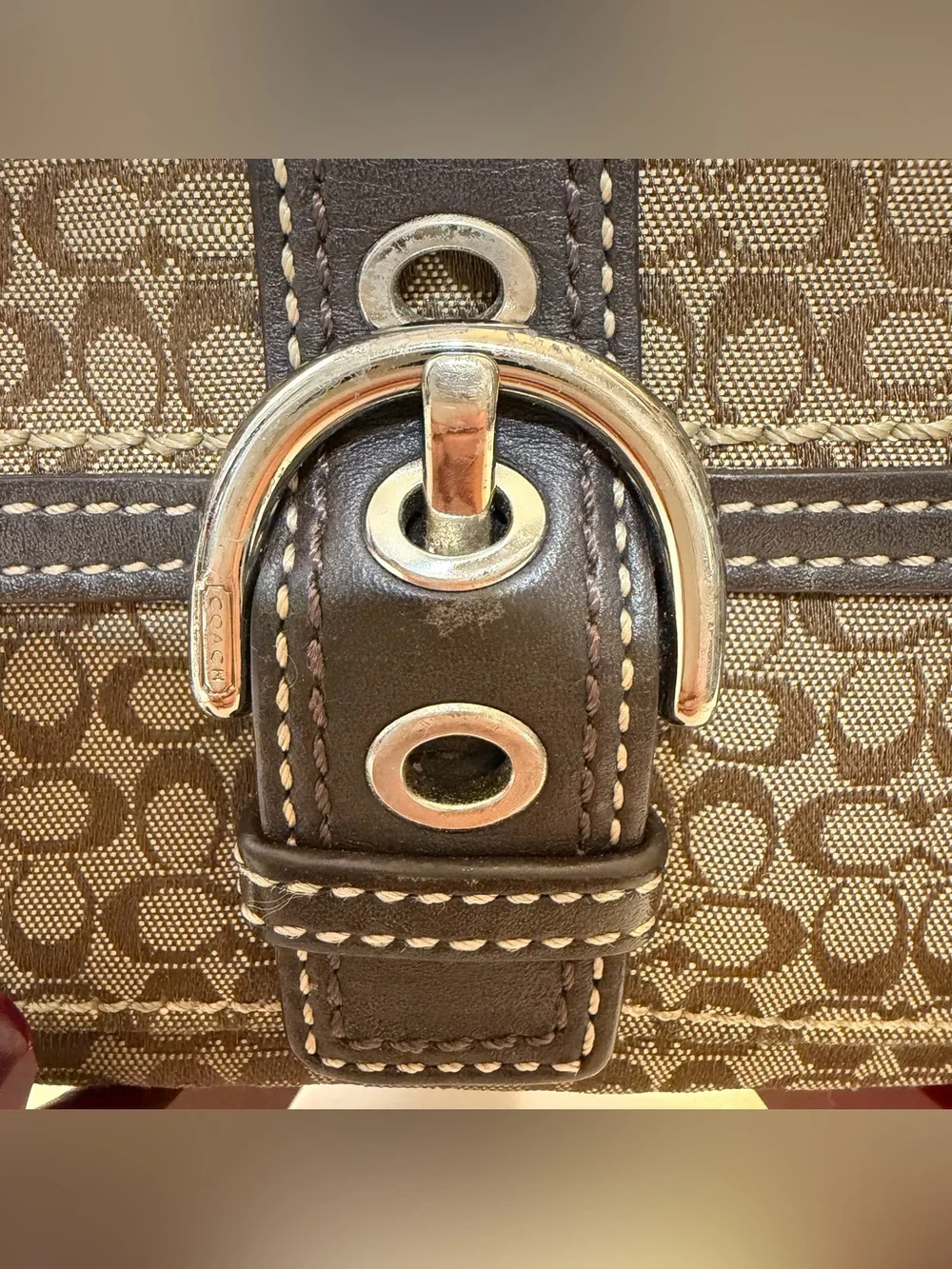 Coach Brown and Black Signature Canvas Wristlet with Buckle Detail